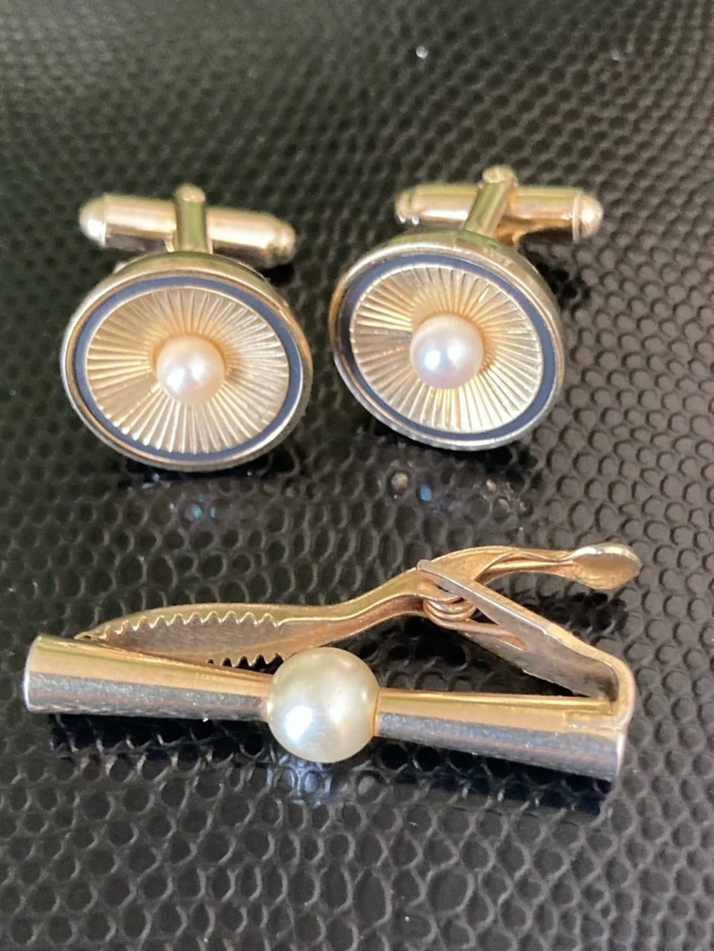 Vintage Anson Gold Tone Pearl  Anson Cufflinks & Swank Tie Bar Dress Set